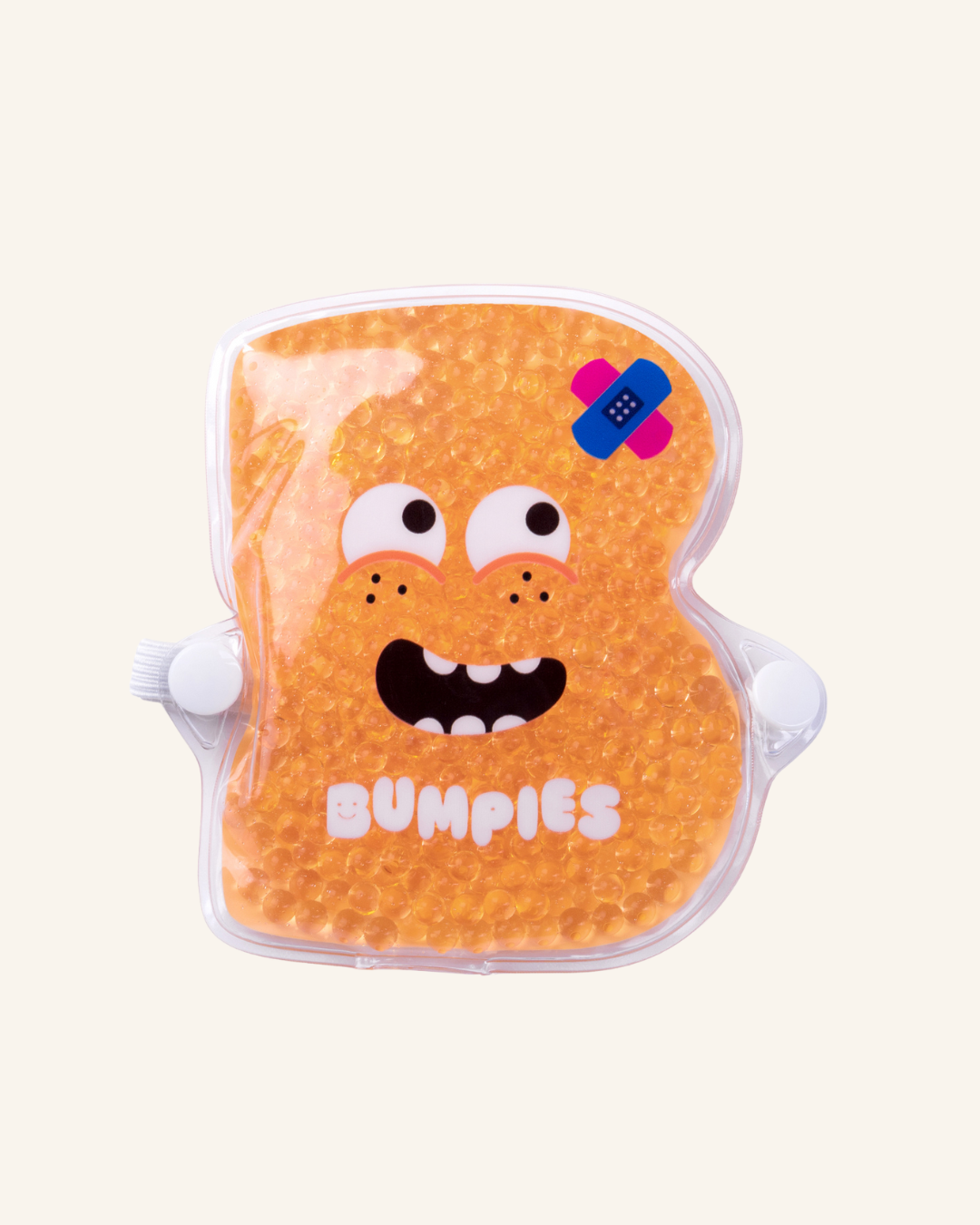 Orange gel pack with cartoon face and 'Bumpits' branding on a white background