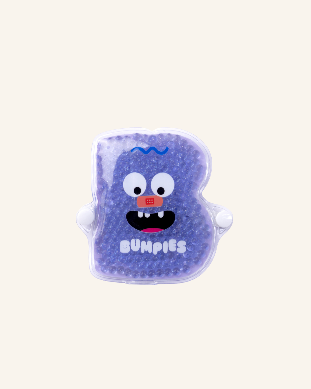 Purple gel pack with cartoon face and 'Bumpies' branding on a white background