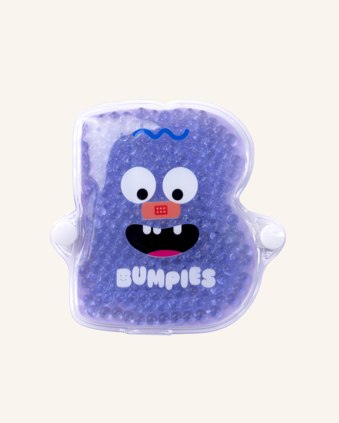 BUMPE gel pack with fun face and 'Bumpies' branding on a light beige background